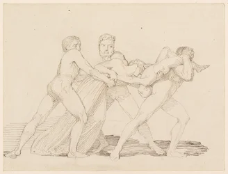 Drei Männer versuchen, ein Kind von einer Frau zu reißen